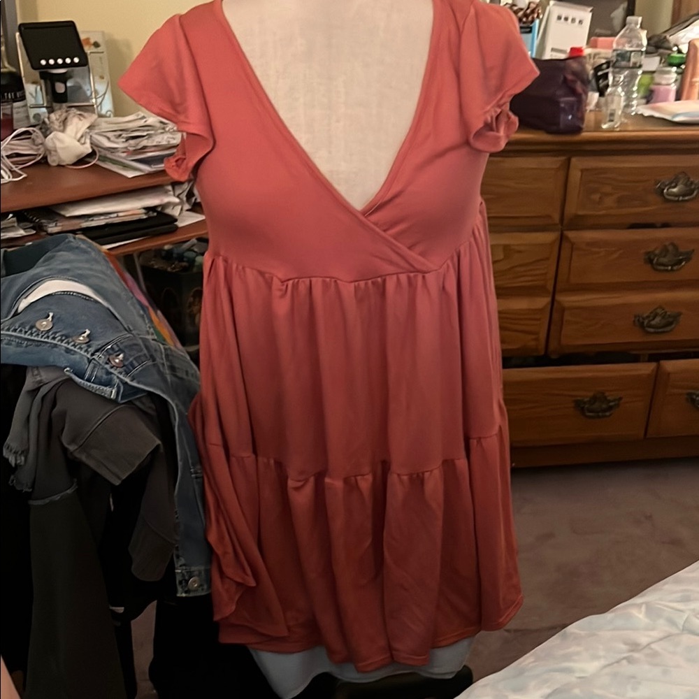 Casual Coral Ruffle Sleeve Dress